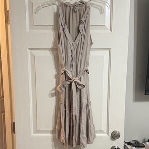 All Saints Sleeveless Tie-Waist Midi Dress in Light Taupe cheetah print